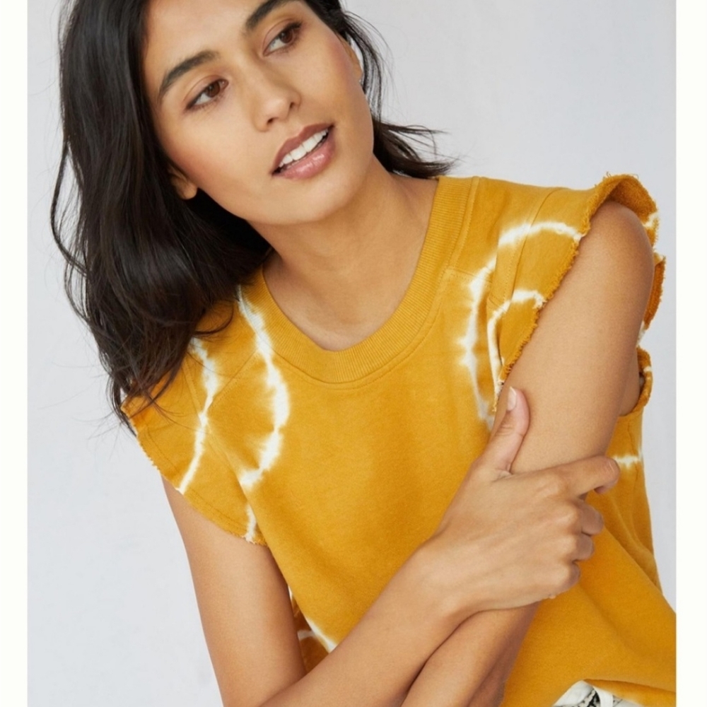 Anthropologie t.la Yellow Tie-Dye Ruffle Sleeve Short Sleeve Sweatshirt NWT Sz S